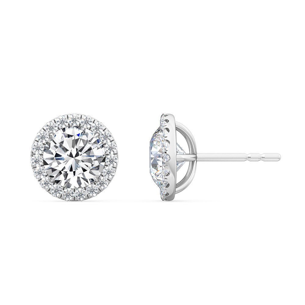 Runde Halo-Ohrringe von Stellini Diamonds aus 18 Karat Weißgold, mit funkelnden Diamanten im Halo-Design.